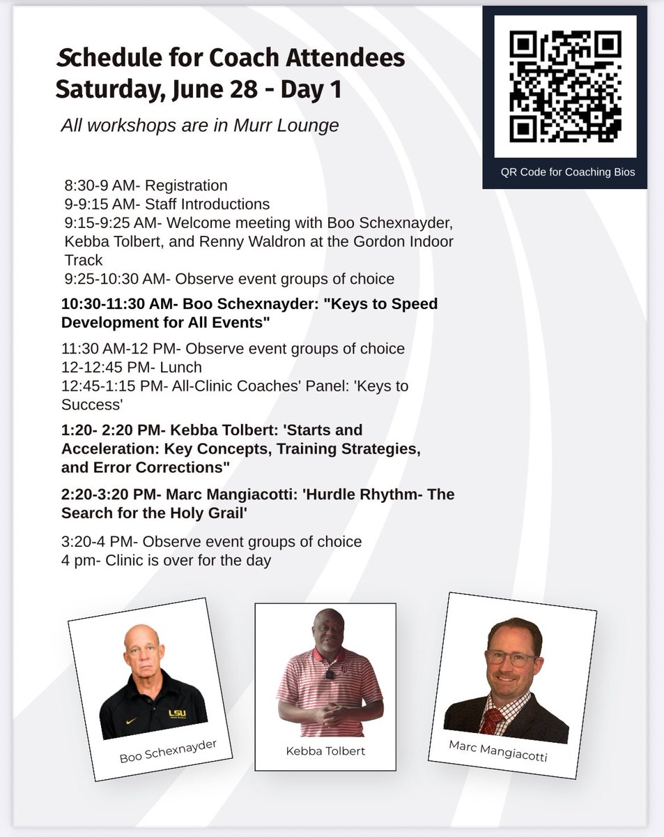 Day 1️⃣ schedule for coaches attending the Ascent T&amp;F Clinic at Harvard this weekend.