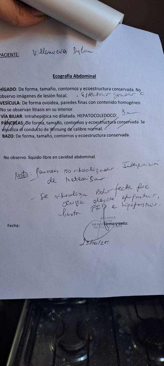 Hoy tuve una ecografía, donde me dijeron que no pudieron ver el páncreas (tengo que vaciarme) me asusté un poco porque me dijeron que es peligroso si algún médico en la sala puede pasarme en limpio lo que dice el informe se lo agradezco.
