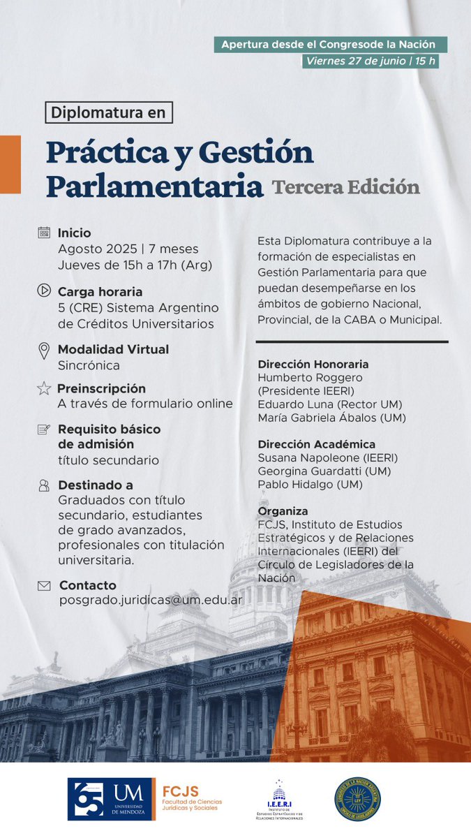 📣DIPLOMATURA EN PRÁCTICA Y GESTIÓN PARLAMENTARIA!
Junto al Círculo de Legisladores y la Universidad de Mendoza les traemos un año más la diplomatura en práctica y gestión parlamentaria. 

✅Toda la info en las imágenes!