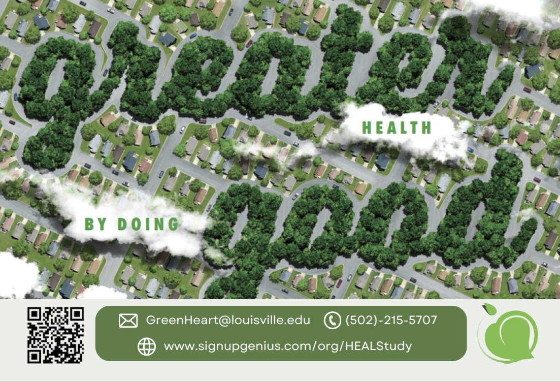 What if your neighborhood could improve your health?

If you are 25-70 and you live in South Louisville, you might be able to participate in a study that's part of the Green Heart Louisville Project to help us find out.

greenheartlouisville.com/get-involved/h…

<a href="/GreenHeartLou/">GreenHeartLouisville</a> <a href="/UofLEngaged/">UofL Office of Community Engagement</a>
