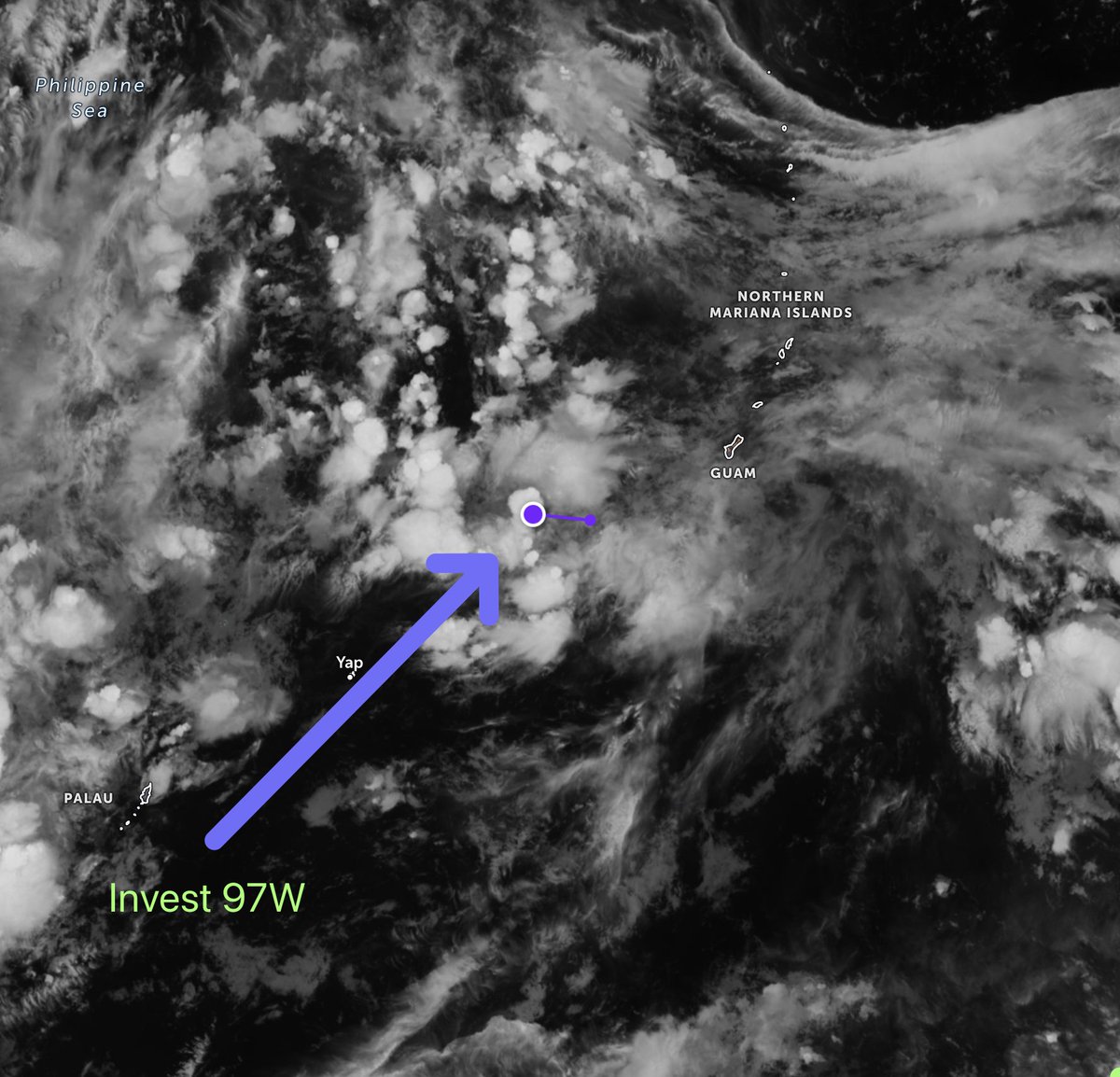 Invest 97W WSW of Guam Rota Tinian &amp; Saipan could be trouble later this week from <a href="/zoom_earth/">Zoom Earth</a>