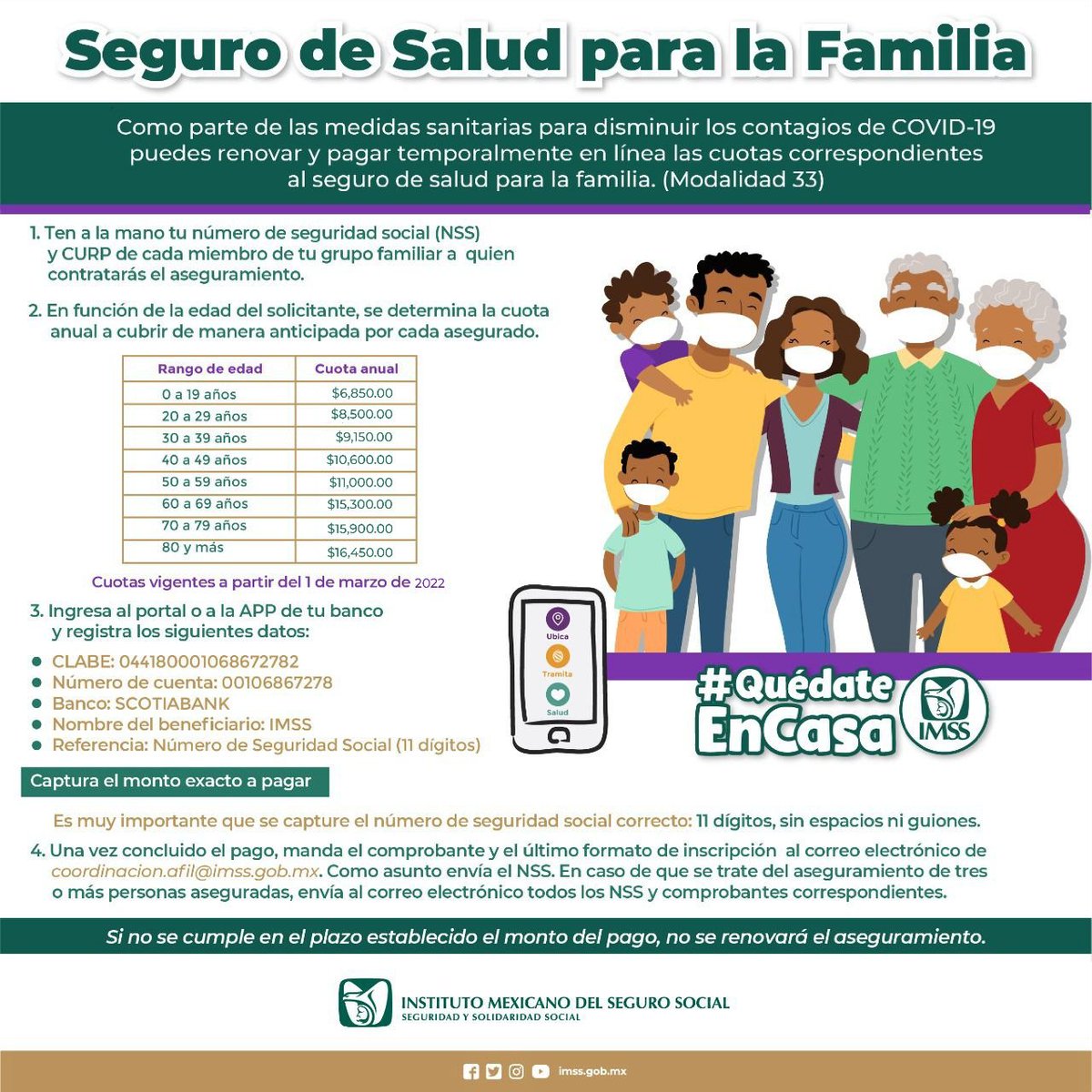 MarCamargoOm's tweet photo. @IMSS_Bienestar @Tu_IMSS  por favor puede confirmar que esta información siga siendo vigente para el pago por la renovación del seguro voluntario para la familia, por correo? Gracias https://t.co/3KvWxI6k0U