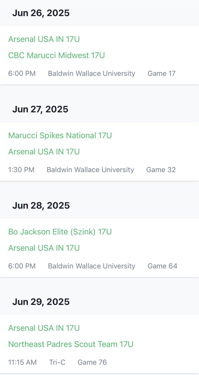 Schedule and Rotation
<a href="/neoselectinvite/">NEO & Columbus Select Invite</a> (Cleveland, OH)

Thursday - 6/26
(6:00 PM - Baldwin Wallace University)
<a href="/Cameron_fathman/">Cameron fathman</a> / <a href="/Benjami7770/">Benjamin Gilbert</a> 

Friday - 6/27
(1:30 PM - Baldwin Wallace University)
<a href="/AndrewM82110325/">Andrew Mchugh</a>

Saturday - 6/28
(6:00 PM - Baldwin Wallace University)