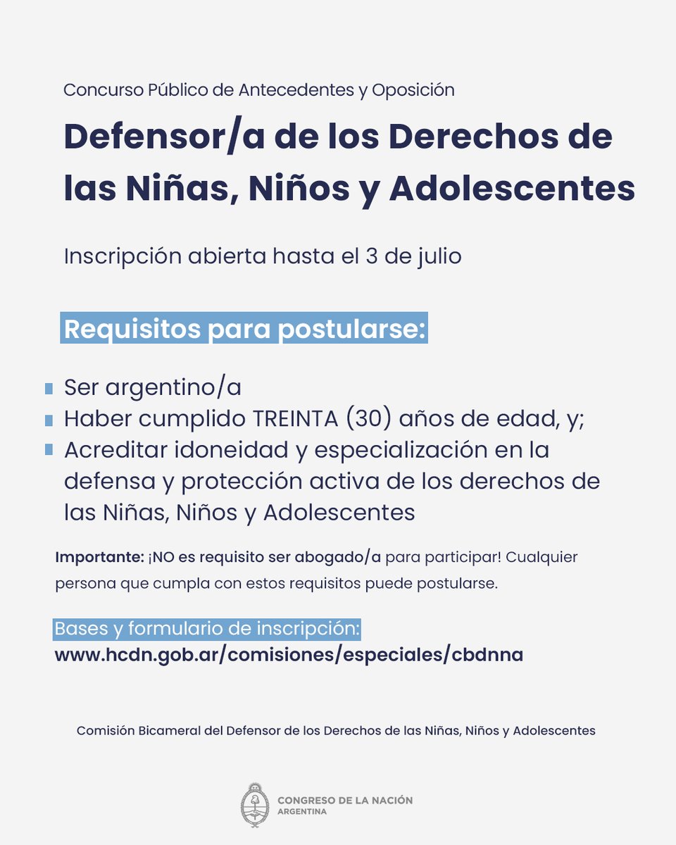 Se encuentra abierta la Convocatoria al Concurso Público de Antecedentes y Oposición 2025 para la designación del/a Defensor/a de los Derechos de las Niñas, Niños y Adolescentes, conforme a lo establecido en la Ley N.º 26.061.

📅 Inscripción disponible hasta el 3 de julio de
