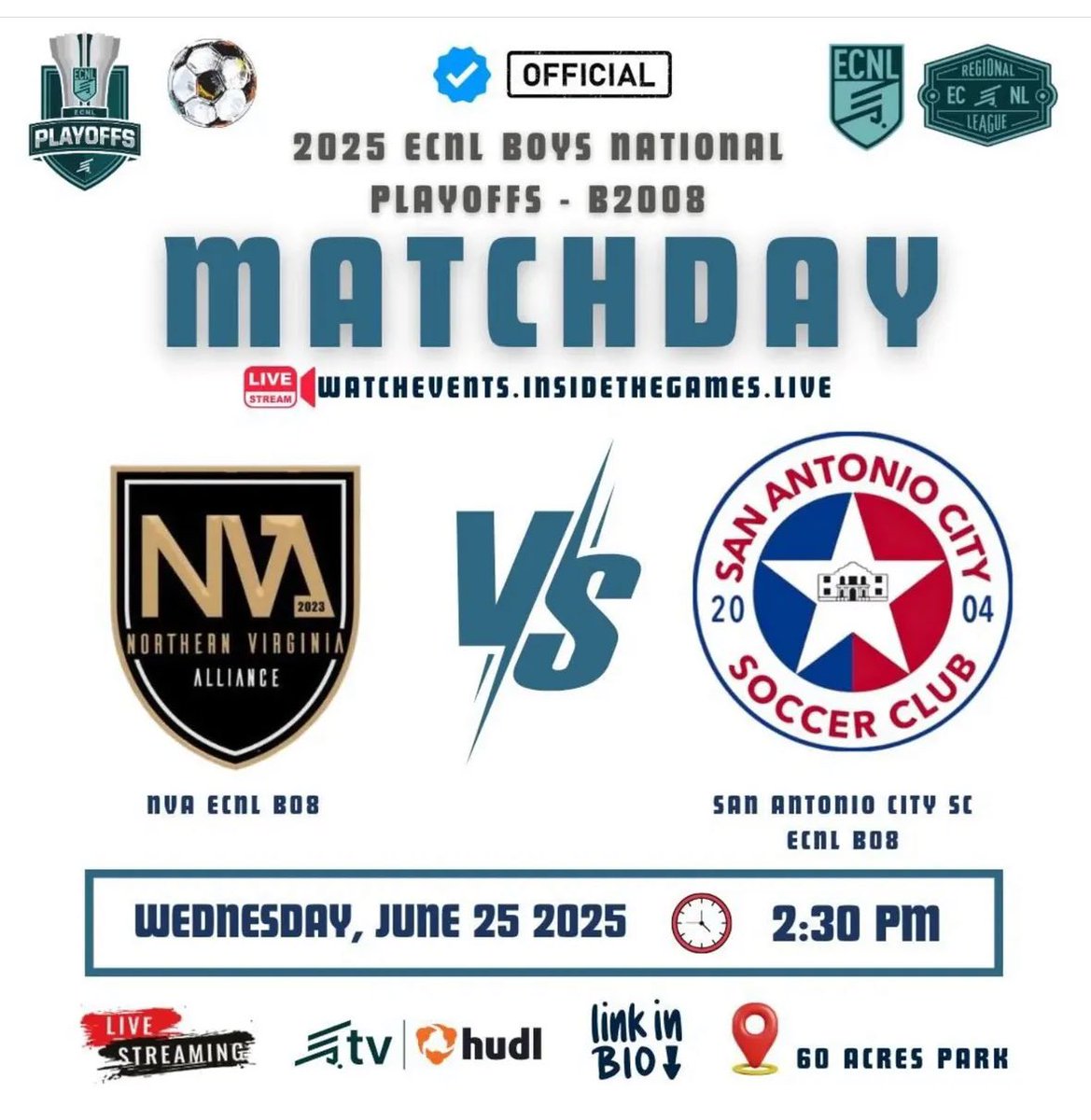 Matchday.
NVA ECNL B08 vs San Antonio City
2:30 PM at 60 Acres Park
Time to handle business.
#ECNL #LockedIn #GameDay <a href="/NVAECNLSoccer/">NVA ECNL Soccer</a> 
<a href="/TopDrawerSoccer/">TopDrawerSoccer</a> <a href="/TheSoccerWire/">SoccerWire</a> <a href="/ImYouthSoccer/">ECNL/GA/Recruiting/College Soccer</a> <a href="/ImCollegeSoccer/">College Soccer Truth ™</a> <a href="/DMVSoccer96/">DMV Soccer</a> <a href="/PrepSoccer/">Prep Soccer ⚽️</a>