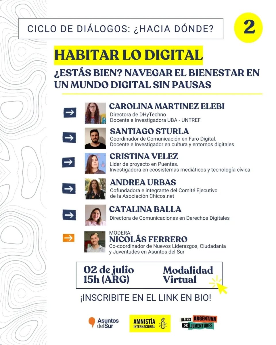 📲 Vivimos conectadxs, pero… ¿cómo nos sentimos realmente?

🧠 El 2/7 llega el segundo diálogo de habitar lo digital: Navegar el bienestar en un mundo digital sin pausas.

📍Zoom 🕒 02/07 15 h (ARG) 
💻 Gratis con inscripción 👉🏻bit.ly/3GgSkrj