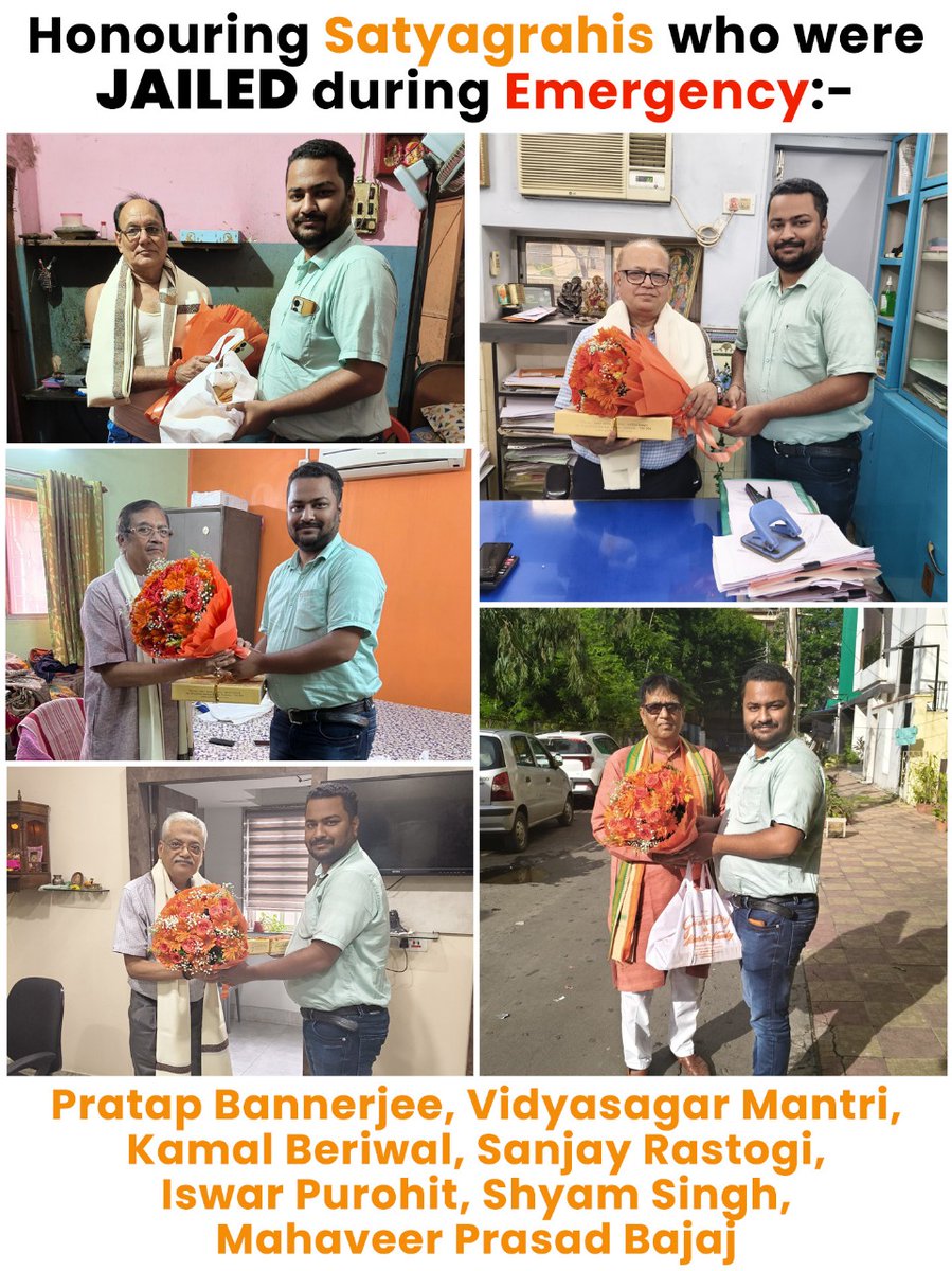 SuvenduWB's tweet photo. Today, on the 50th anniversary of Emergency, I feel proud to honour the brave Satyagrahis who stood firm against oppression and were Jailed for their courage. 
My representative visited North Kolkata to felicitate seven such heroes - Shri Pratap Banerjee, Shri Vidyasagar Mantri, Shri Kamal Beriwal, Shri Sanjay Rastogi, Shri Iswar Purohit, Shri Shyam Singh, and Shri Mahaveer Prasad Bajaj. 
Among them two are presently out of town, their relatives received the honor on their behalf.
Their resilience and indomitable spirit inspires us all.
#SangvidanHatyaDivas