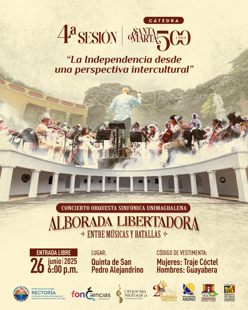 ¡Te esperamos mañana! 
La Orquesta Sinfónica de la Universidad del Magdalena presenta:
Alborada Libertadoras: Entre Músicas y Batallas 🎶⚔️

Un viaje sonoro por nuestra historia y libertad.
📍 Quinta de San Pedro Alejandrino
🕕 6:00 p.m.