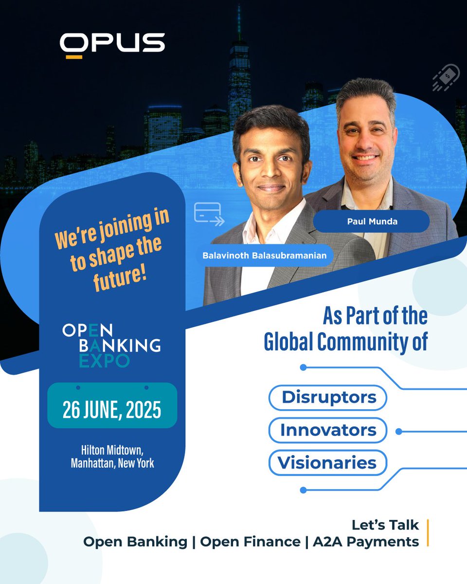 🚀 Opus is heading to #OpenBankingExpo2025! Meet our experts—Paul Andrew Munda &amp; Balahvinoth Baalasubramanian—as they dive into #OpenBanking, #OpenFinance &amp; #A2APayments. 

Let’s connect! 👉 openbankingexpo.com/usa/usa-regist… 

#FintechInnovation #OBEUSA25