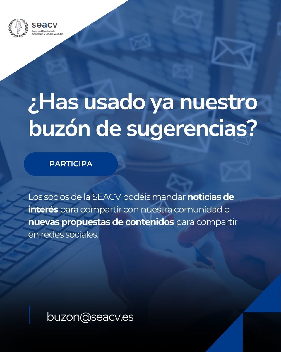 Sociedad Española de Angiología y Cirugía Vascular (@seacv_esp) on Twitter photo ⚠️ Sé parte activa de nuestra comunicación 🙌. Con nuestro buzón de sugerencias, todos los socios/as podéis mandarnos vuestras propuestas de comunicación e información relevante para compartir ( Formaciones, estudios, noticias...). ¡Participa! ➡️ buzon@seacv.es
#seacv ⚠️ Sé parte activa de nuestra comunicación 🙌. Con nuestro buzón de sugerencias, todos los socios/as podéis mandarnos vuestras propuestas de comunicación e información relevante para compartir ( Formaciones, estudios, noticias...). ¡Participa! ➡️ buzon@seacv.es
#seacv