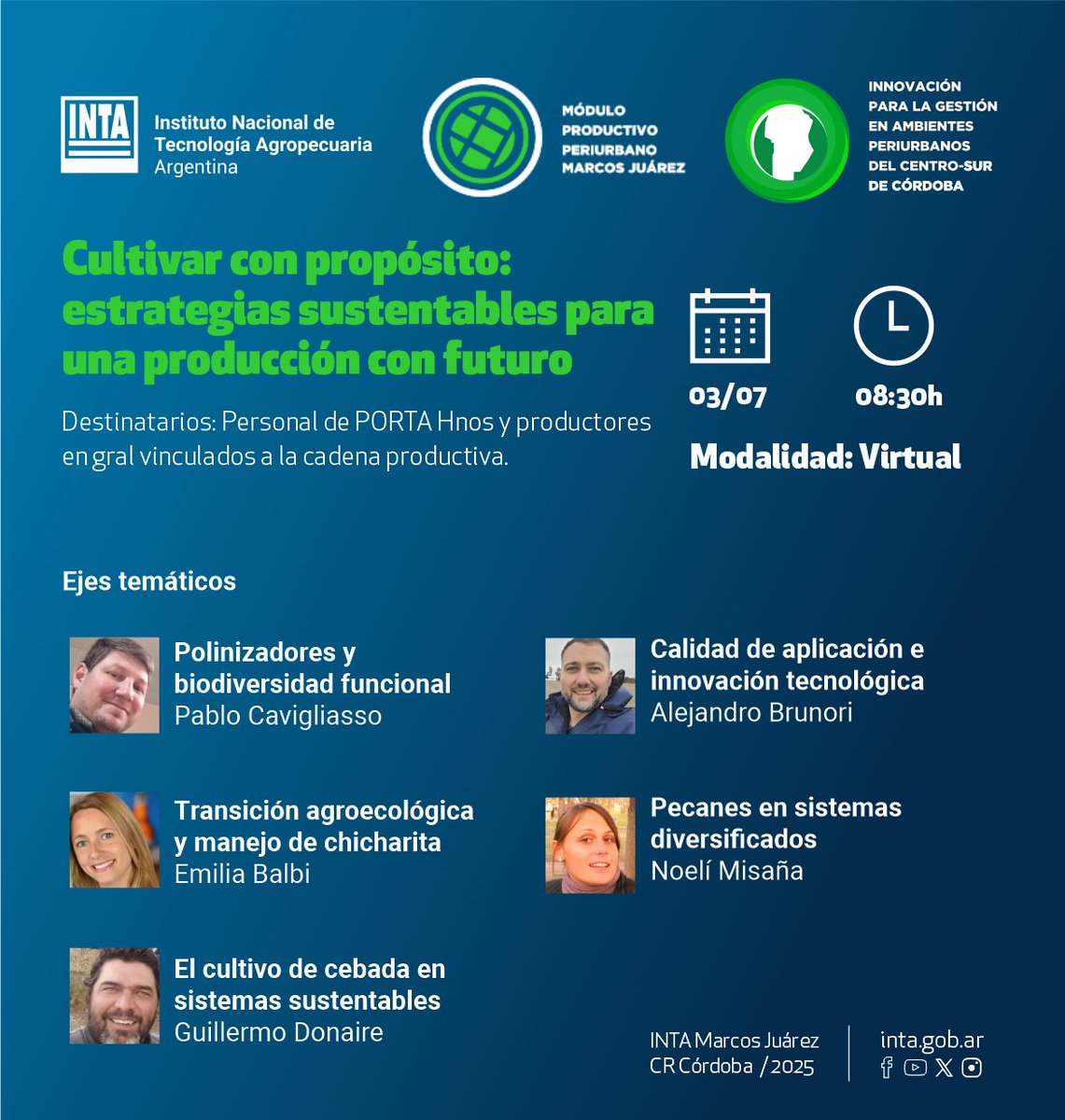 INTA Marcos Juárez (@intamsjuarez) on Twitter photo CULTIVAR CON PROPÓSITO: ESTRATEGIAS SUSTENTABLES PARA UNA PRODUCCIÓN CON FUTURO.
Fecha: 03 de julio
Hora: 08:30 h
Modalidad: Virtual
Accedé a la reunión por Zoom:
zoom.us/j/99401946987...
ID de reunión: 994 0194 6987
Código de acceso: intamj
<a href="/JCMolinaHafford/">Juan Cruz MOLINA 🍁🍂🍁</a> CULTIVAR CON PROPÓSITO: ESTRATEGIAS SUSTENTABLES PARA UNA PRODUCCIÓN CON FUTURO.
Fecha: 03 de julio
Hora: 08:30 h
Modalidad: Virtual
Accedé a la reunión por Zoom:
zoom.us/j/99401946987...
ID de reunión: 994 0194 6987
Código de acceso: intamj
<a href="/JCMolinaHafford/">Juan Cruz MOLINA 🍁🍂🍁</a>
