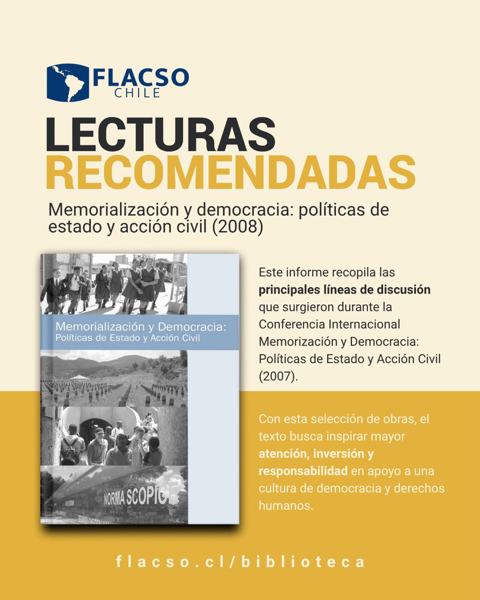 #LecturasRecomendadas | 📚 “Memorialización y democracia” reúne reflexiones sobre el rol de la memoria en la construcción democrática y los desafíos en políticas de derechos humanos.

📖 Disponible en nuestra Biblioteca Virtual: flacso.cl/biblioteca/pro…