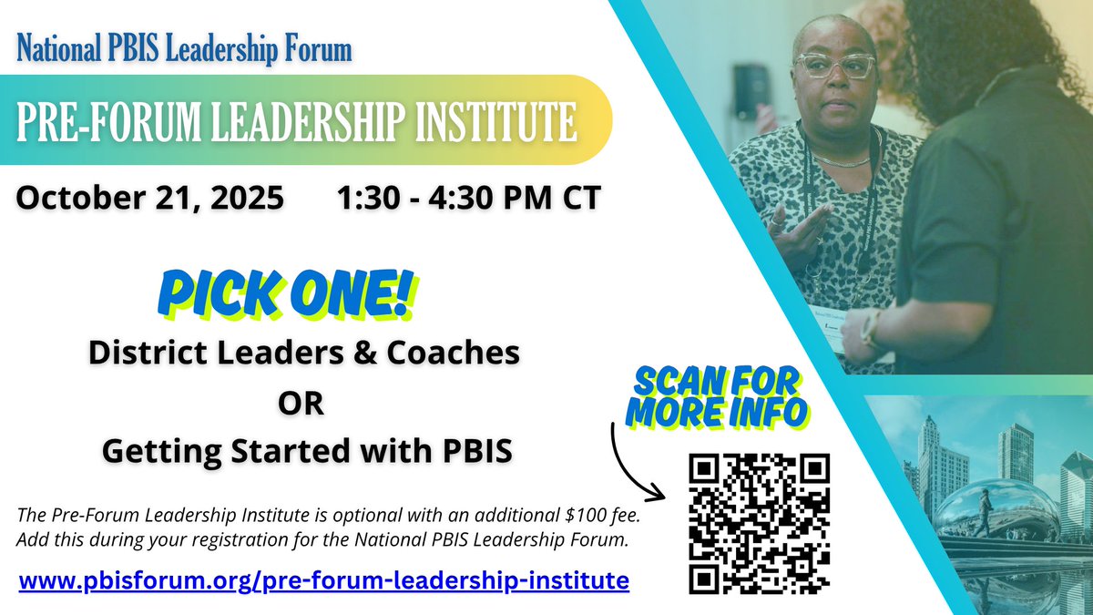 PBISForum's tweet image. Join us for the Pre-Forum Leadership Institute, where you can select from two workshops— District Leaders & Coaches or Getting Started with #PBIS. Add this optional event during your registration for the #pbisforum
pbisforum.org/pre-forum-lead…
See you there!
#PBS #MTSS