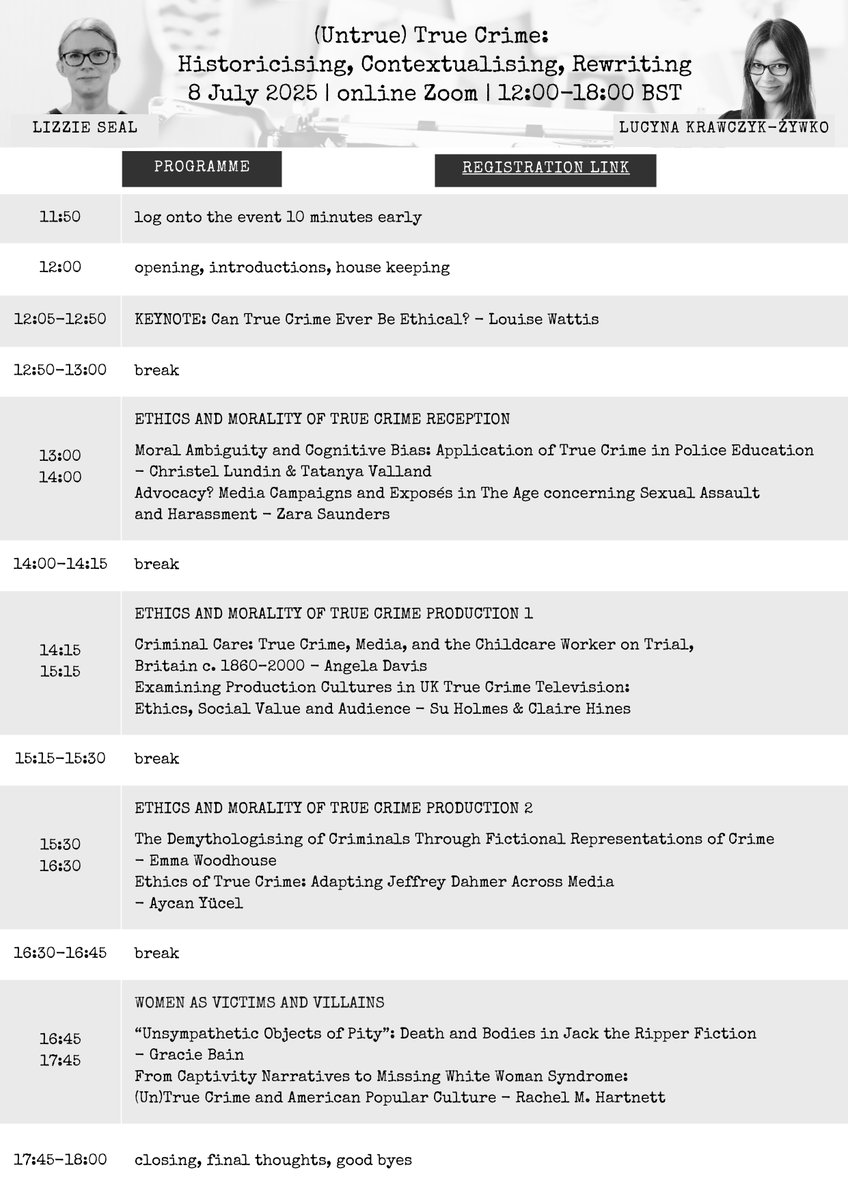 SociologyandCriminology (@sussexsoccrim) on Twitter photo Join us for an online symposium on true crime presented by <a href="/lizzieseal/">Lizzie Seal</a> and Lucy Nakrawczyk-Żywko and co-organised with the University of #Warsaw. Keynote by Dr Louise Wattis, <a href="/NorthumbriaUni/">Northumbria Uni</a>.
All welcome.
📅 8 July
⏲️ 12-6pm
📍 online
Register at:
uw-edu-pl.zoom.us/meeting/regist… Join us for an online symposium on true crime presented by <a href="/lizzieseal/">Lizzie Seal</a> and Lucy Nakrawczyk-Żywko and co-organised with the University of #Warsaw. Keynote by Dr Louise Wattis, <a href="/NorthumbriaUni/">Northumbria Uni</a>.
All welcome.
📅 8 July
⏲️ 12-6pm
📍 online
Register at:
uw-edu-pl.zoom.us/meeting/regist…