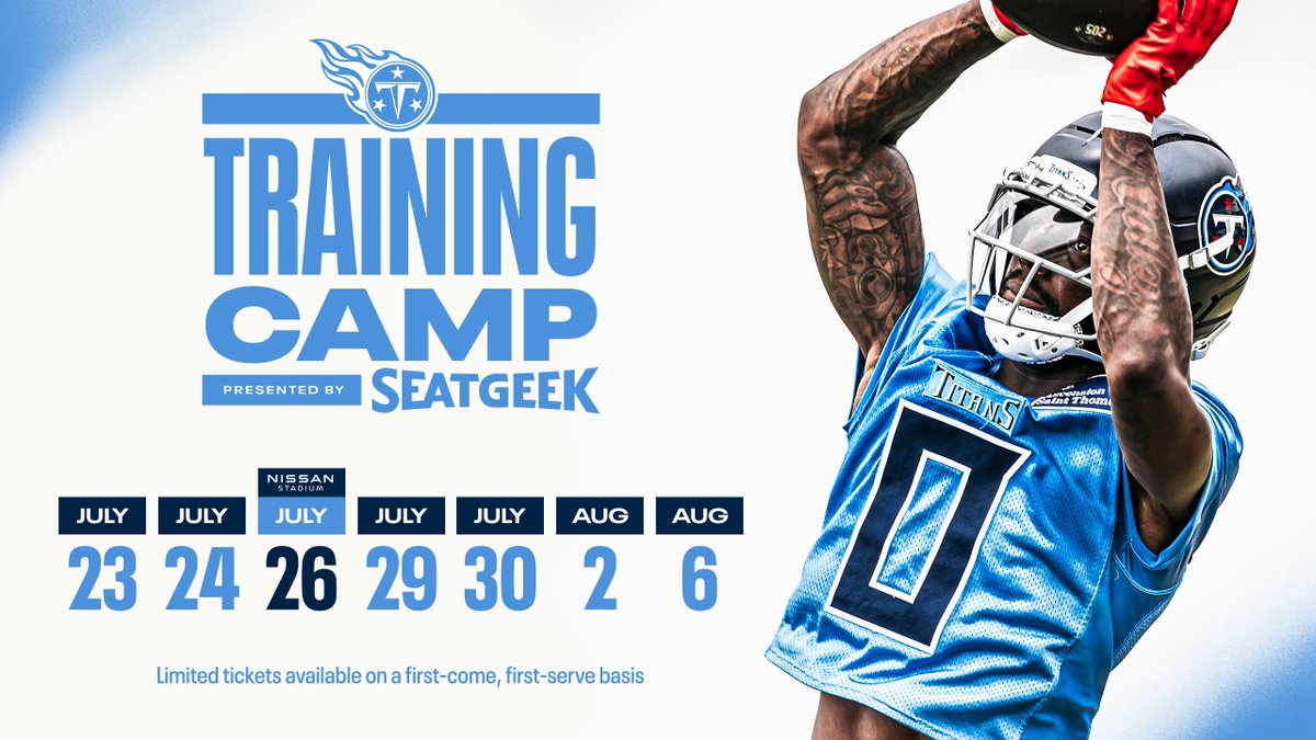 Jim Wyatt (@jwyattsports) on Twitter photo .<a href="/Titans/">Tennessee Titans</a> announce open dates for fans at 2025 Training Camp.
READ bit.ly/3Gj7jkt .<a href="/Titans/">Tennessee Titans</a> announce open dates for fans at 2025 Training Camp.
READ bit.ly/3Gj7jkt