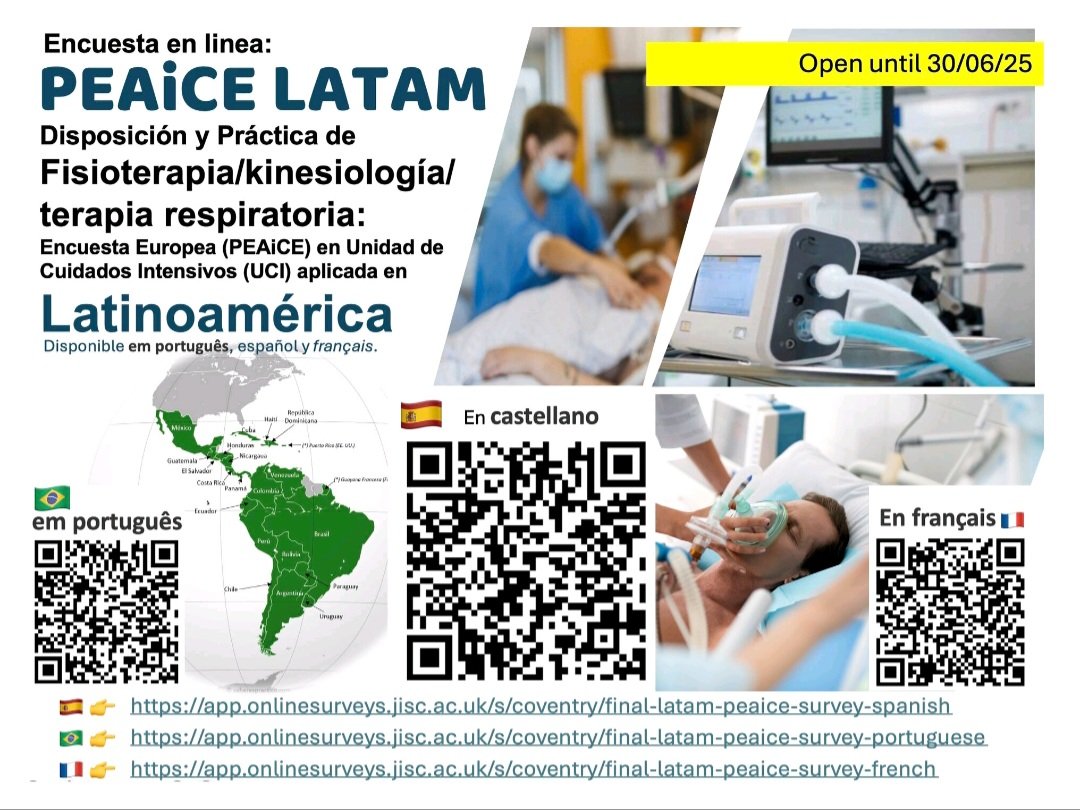 Agnieszka Lewko PhD (she/her) ππΊπ¦ (@agnieszkalewko) on Twitter photo PEAiCE LATAM survey has been extended till September! We looking for more physiotherapists/kinesiologists/respiratory therapists working in ICU in Latin America. ONE PER ICU response. Please share. <a href="/Davido744/">Prof David McWilliams</a> <a href="/SabrinaEggmann/">Sabrina Eggmann, PhD</a> <a href="/NydahlPeter/">Peter Nydahl</a> PEAiCE LATAM survey has been extended till September! We looking for more physiotherapists/kinesiologists/respiratory therapists working in ICU in Latin America. ONE PER ICU response. Please share. <a href="/Davido744/">Prof David McWilliams</a> <a href="/SabrinaEggmann/">Sabrina Eggmann, PhD</a> <a href="/NydahlPeter/">Peter Nydahl</a>