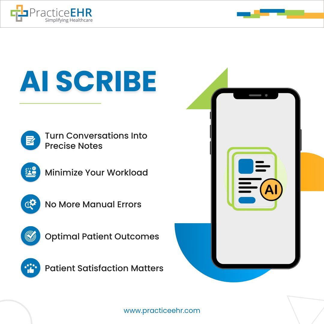 PracticeEHR's tweet image. Eliminate the stress of note-taking! Our AI scribe instantly transforms patient conversations into accurate clinical notes—no errors or late-night charting required. Spend less time on paperwork and more time providing excellent care, leading to happier patients, smoother…