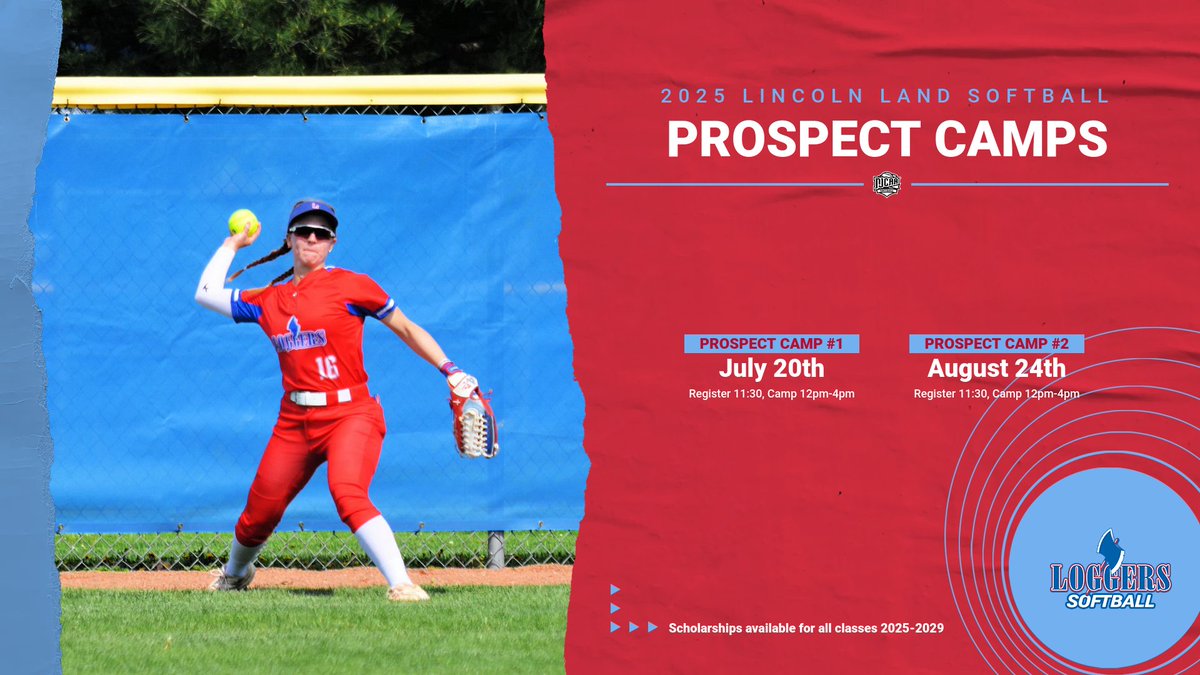 2025 Lincoln Land Softball Prospect Camps! Calling all high school 2025-2029 graduates. Join us on July 20th or August 24th. Scholarships available for all classes. Register today!
Register: lincolnlandloggers.com/registrations/…