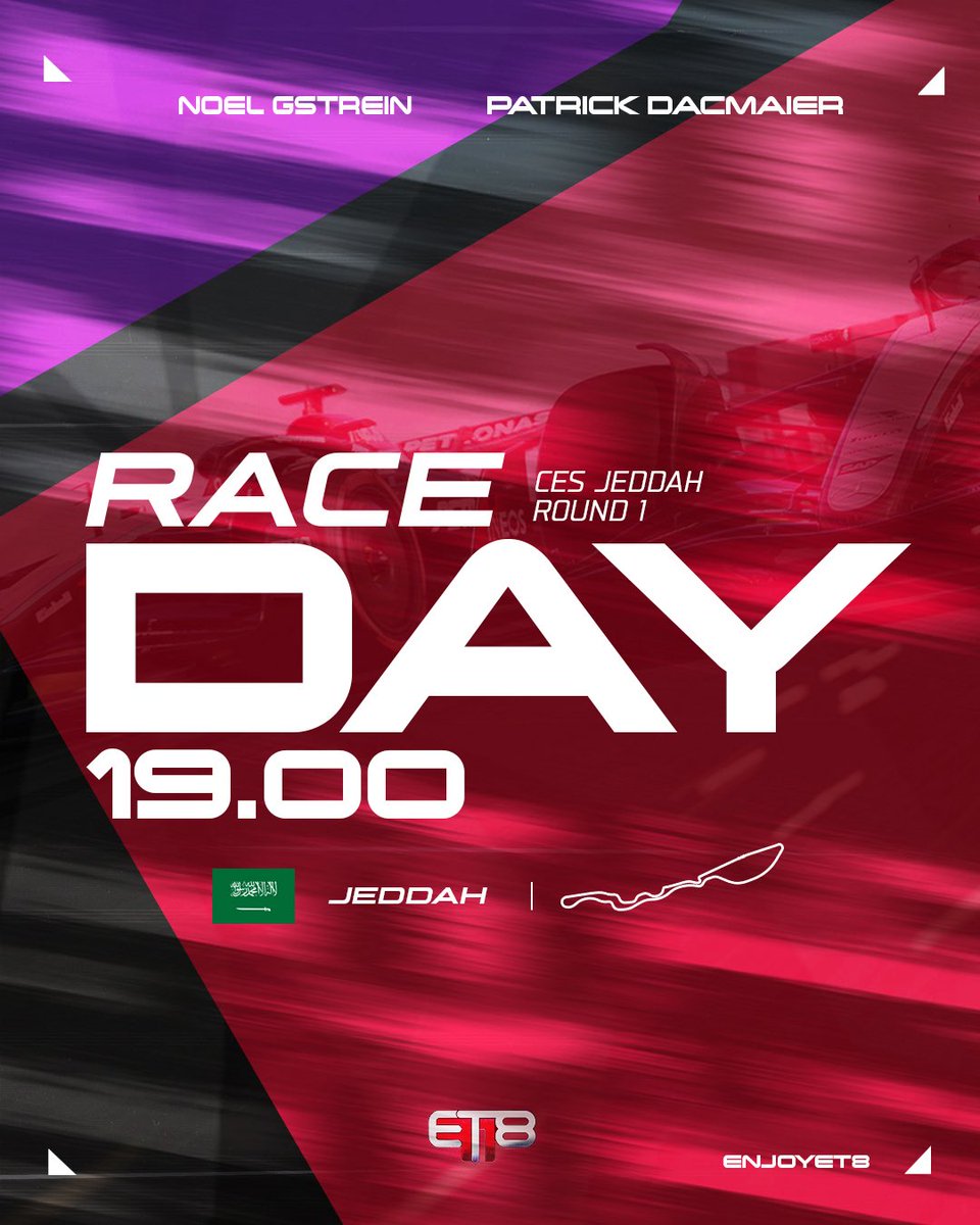 ET8 (@et8esports) on Twitter photo RACE DAY | <a href="/CES_F1/">Champions Esports Series</a> R1 🇸🇦
Tonight kicks off the season in CES. We hope to make a strong start and plan to do so with the two drivers that qualified us for the event <a href="/ET8_Noel/">Noel</a> and <a href="/PatrickDacmaier/">Patrick Dacmaier</a>
Good luck to the lads and everyone else!
#EnjoyET8 RACE DAY | <a href="/CES_F1/">Champions Esports Series</a> R1 🇸🇦
Tonight kicks off the season in CES. We hope to make a strong start and plan to do so with the two drivers that qualified us for the event <a href="/ET8_Noel/">Noel</a> and <a href="/PatrickDacmaier/">Patrick Dacmaier</a>
Good luck to the lads and everyone else!
#EnjoyET8