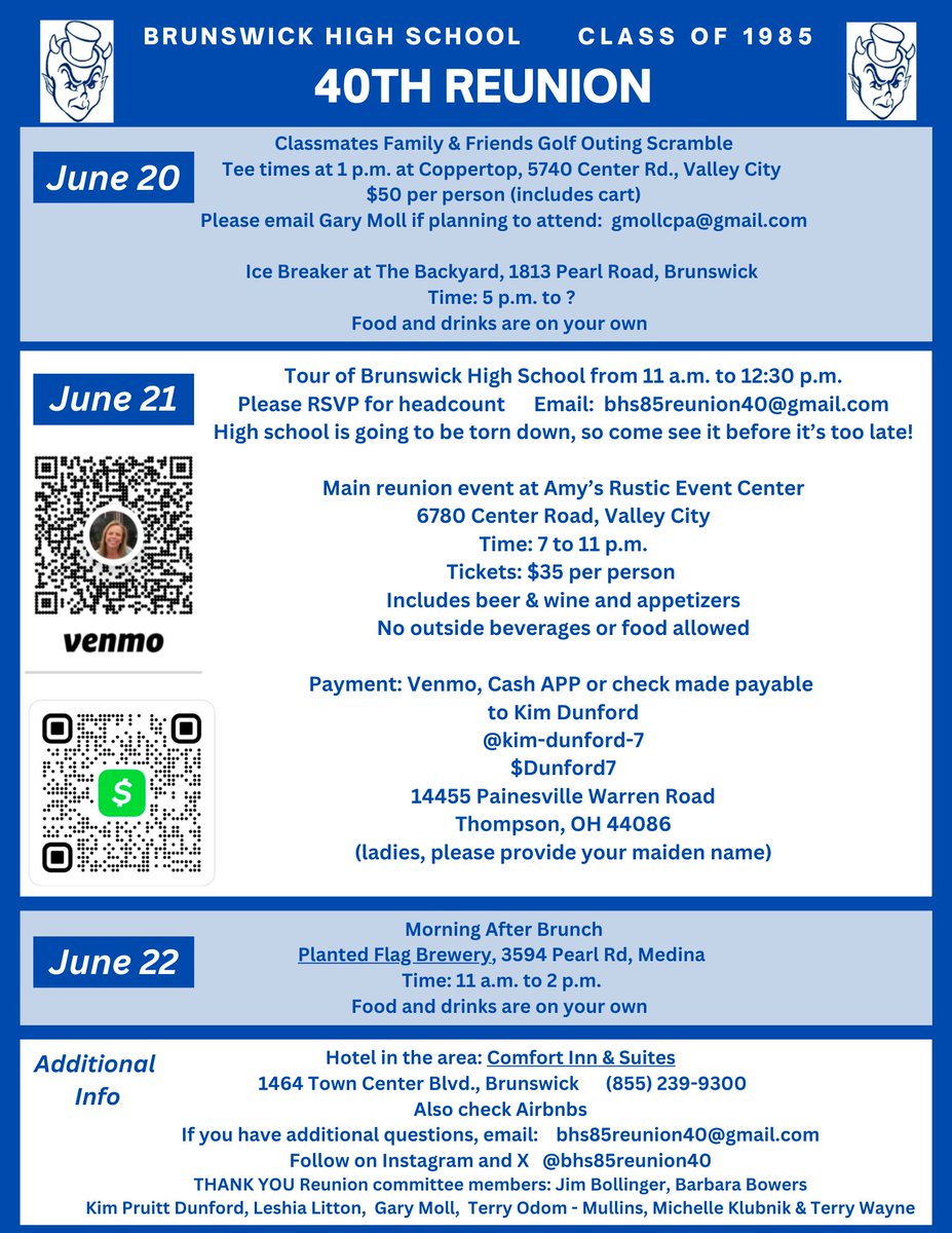 Attention BHS Class of 1985!  Mark your calendars for June 21st for a 40th reunion celebration!  

Want to be added to our alumni database so you can stay-up-to-date on the INCREDIBLE things happening in our school district?  Complete the form below.

forms.gle/1JAJTi9Xz1gHVY…