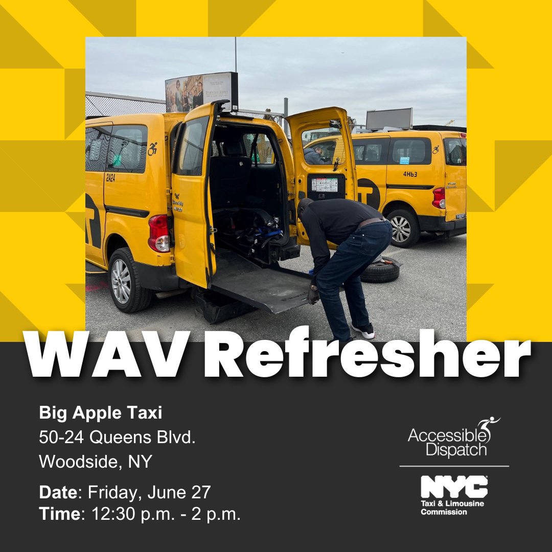 nycaccessible's tweet image. 🚕 Calling all @nyctaxi drivers!

Don’t miss the final Wheelchair Securement Refresher of June—happening this Friday from 12:30 to 2 p.m.!

Brush up on your skills and help make every ride safe and accessible.

♿️📅 RSVP here: accessible-dispatch.formstack.com/forms/wav_trai…