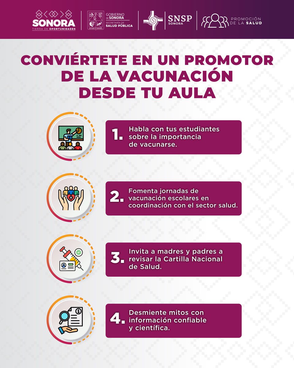📣 Atención personal docente 
¡Desde tu aula puedes ser promotora o promotor de la vacunación!

Sigue estos pasos y contribuye a prevenir enfermedades como el sarampión 🦠. Tu voz y tu ejemplo pueden hacer la diferencia en la salud de tus estudiantes y sus familias. <a href="/ssaludsonora/">Salud Sonora</a>