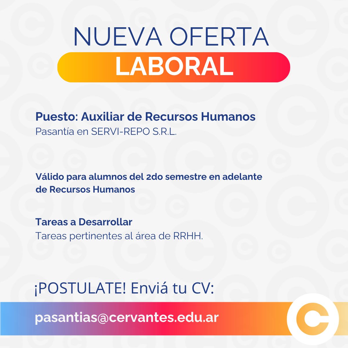 🎓Cervantes ofrece a la #ComunidadIC (alumnos y egresados) la posibilidad de insertarse en el mercado laboral por medio de la publicación y difusión de ofertas de #pasantías y #empleos 

📌 Para ver más detalles de esta convocatoria  de #RecursosHumanos, ingresá a nuestra web.
