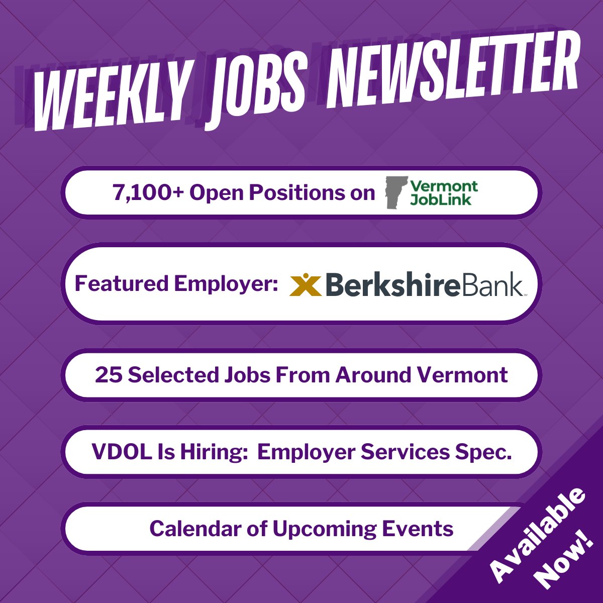 VT Dept of Labor (@vtlabor) on Twitter photo This week's Jobs Newsletter is out now!
💻 VIEW HERE - conta.cc/3GkAaF0
📬 Sign-Up for the Weekly Email - bit.ly/3T0I6gJ
In this edition: An employer spotlight on <a href="/BerkshireBank/">Berkshire Bank</a>, 25 selected jobs from every corner of the state, a featured job at VDOL, and more! This week's Jobs Newsletter is out now!
💻 VIEW HERE - conta.cc/3GkAaF0
📬 Sign-Up for the Weekly Email - bit.ly/3T0I6gJ
In this edition: An employer spotlight on <a href="/BerkshireBank/">Berkshire Bank</a>, 25 selected jobs from every corner of the state, a featured job at VDOL, and more!
