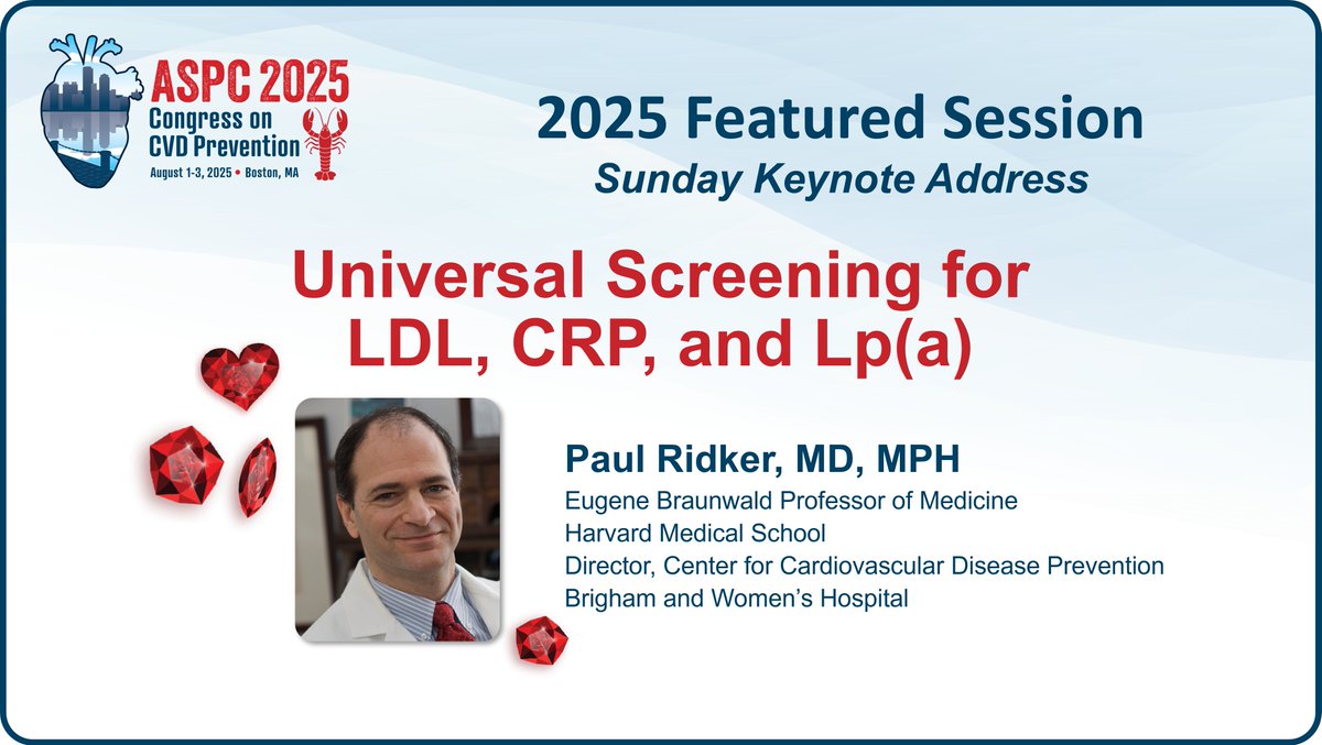 Don't miss the #ASPC2025 Sunday Keynote Address featuring Dr. Paul Ridker on "Universal Screening for LDL, CRP, and Lp(a)" — a must-see session on the future of risk assessment in preventive cardiology.

#PreventiveCardiology #Lp(a) #CRP #LDL #Cardiology #ASPC #HeartHealth