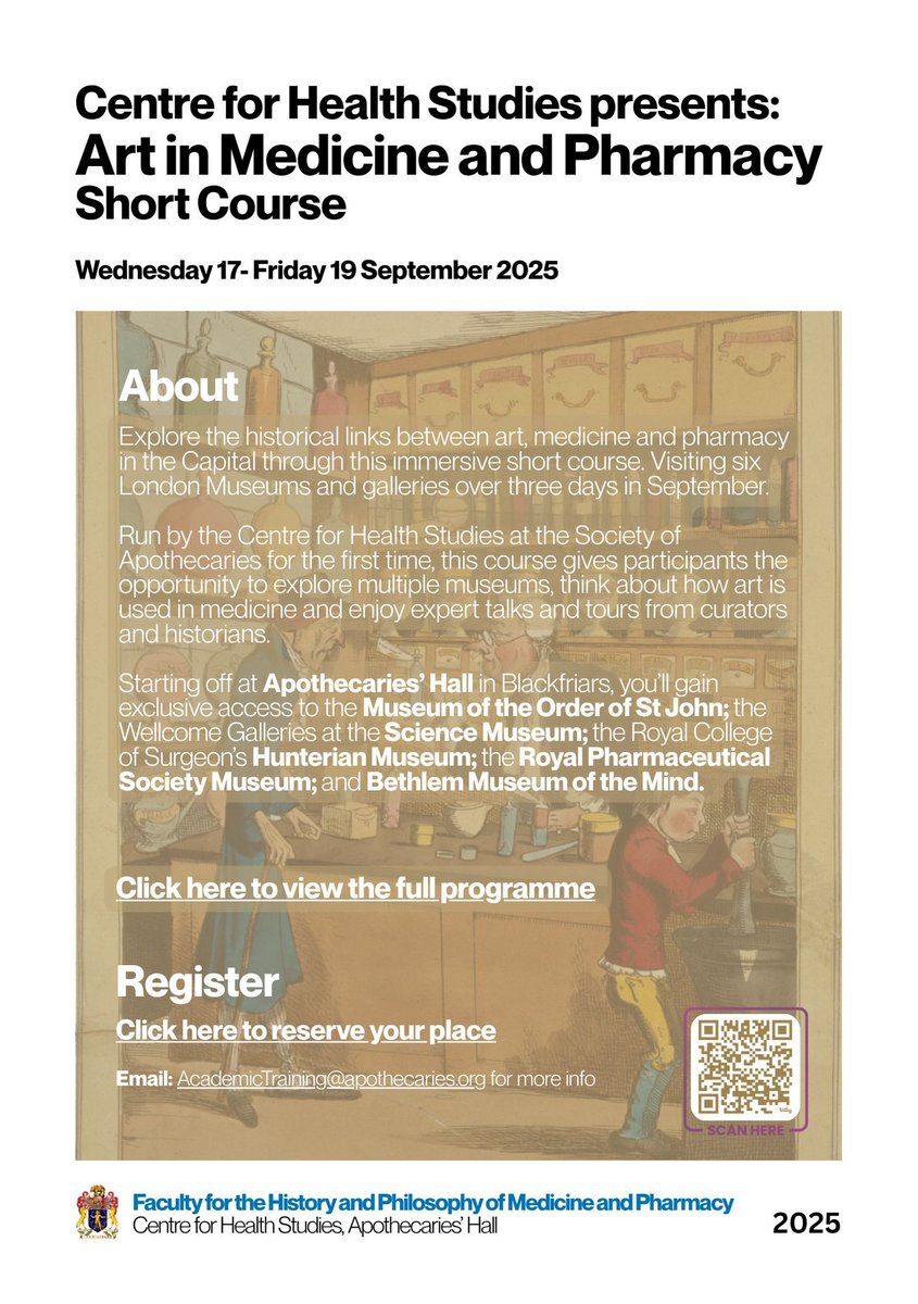 Limited spaces! We're delighted to be supported by <a href="/PharmHist/">BSHP</a> on this 3 day Art in Medicine &amp; Pharmacy course. Subsidised student places - the programme offers fantastic insights into six venues.