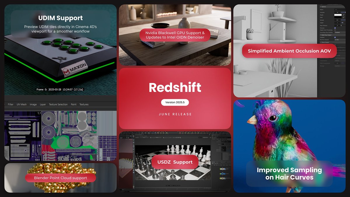 maxonredshift's tweet image. 📢 Redshift 2025.5 is here! Update includes improved Cinema 4D's viewport previews, including UDIMs. Improved AO AOV, Intel OIDN 2.3.3. New support for Nvidia Blackwell GPUs, Houdini USDZ Procedural, Blender Point Cloud Objects & more! ✨
More info 👉 maxonvfx.com/4kJwwnh