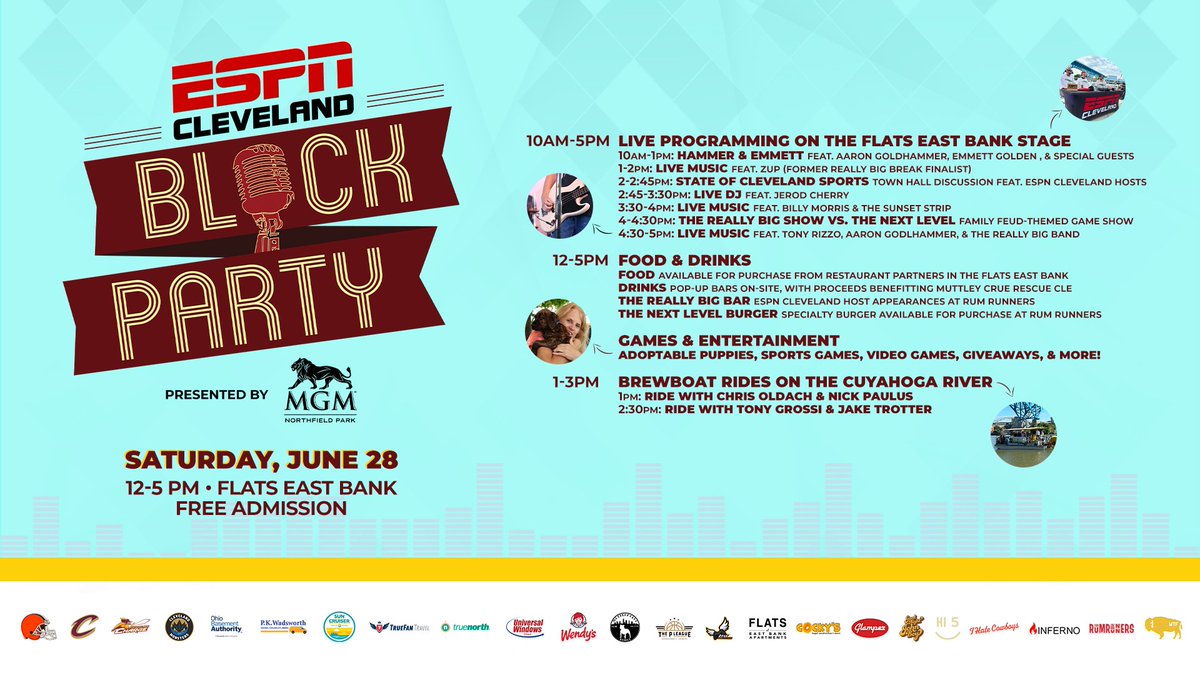 ESPN Cleveland (@espncleveland) on Twitter photo Who is coming out to the <a href="/ESPNCleveland/">ESPN Cleveland</a> Block Party this Saturday??? 👀👀👀
<a href="/TheRealTRizzo/">Tony Rizzo</a>
<a href="/HammerNation19/">Aaron Goldhammer</a>
<a href="/TheOGPAW/">Chris Oldach</a>
<a href="/TonyGrossi/">Tony Grossi</a>
<a href="/NickPaulus/">Nick Paulus</a>
<a href="/egoldie80/">Emmett Golden</a>
<a href="/JRCherry3/">Jerod</a> Who is coming out to the <a href="/ESPNCleveland/">ESPN Cleveland</a> Block Party this Saturday??? 👀👀👀
<a href="/TheRealTRizzo/">Tony Rizzo</a>
<a href="/HammerNation19/">Aaron Goldhammer</a>
<a href="/TheOGPAW/">Chris Oldach</a>
<a href="/TonyGrossi/">Tony Grossi</a>
<a href="/NickPaulus/">Nick Paulus</a>
<a href="/egoldie80/">Emmett Golden</a>
<a href="/JRCherry3/">Jerod</a>