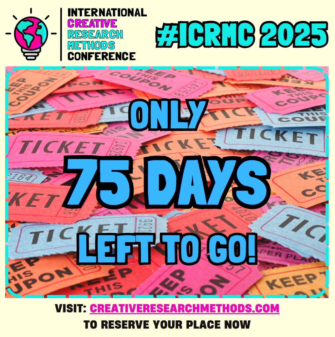 🌍 Just 75 days to go until the International Creative Research Methods Conference – happening in #Manchester and online this September!
Join us from wherever you are!

📅 Mon 8th - Tues 9th Sept 2025
🔗 creativeresearchmethods.com

#ICRMC25 #CreativeResearch #CRMethods