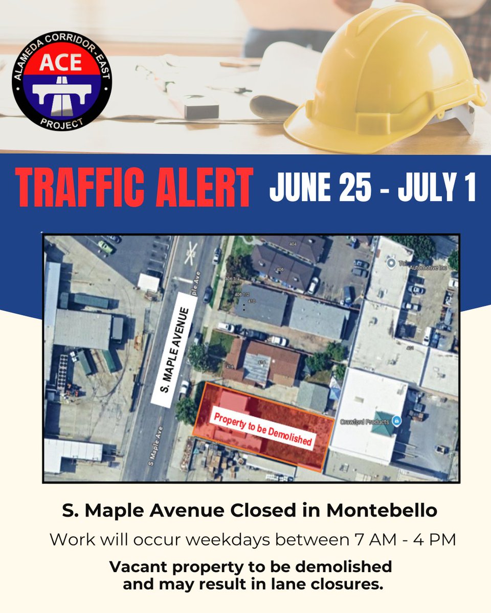 Starting today, June 25 there will be street closures on S Maple Avenue in <a href="/MontebelloCity/">City of Montebello</a>. The demolition will begin on weekdays between 7am - 4pm and is expected to be completed within one week. Thank you for your patience.