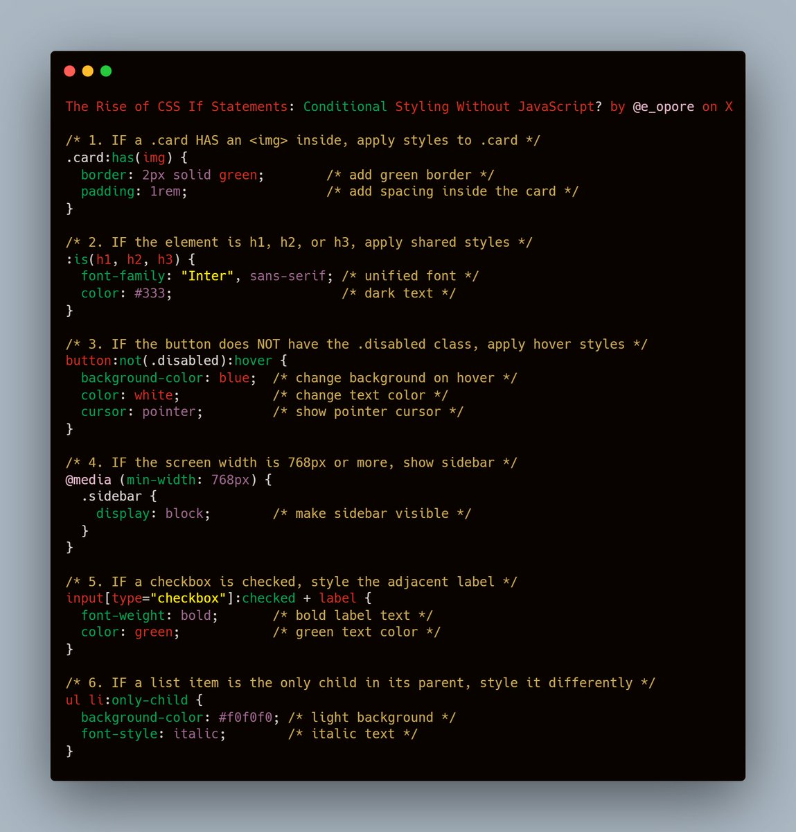 The Rise of CSS If Statements: Conditional Styling Without JavaScript?

Grab the CSS  course ebook; codewithdhanian.gumroad.com/l/aavuv