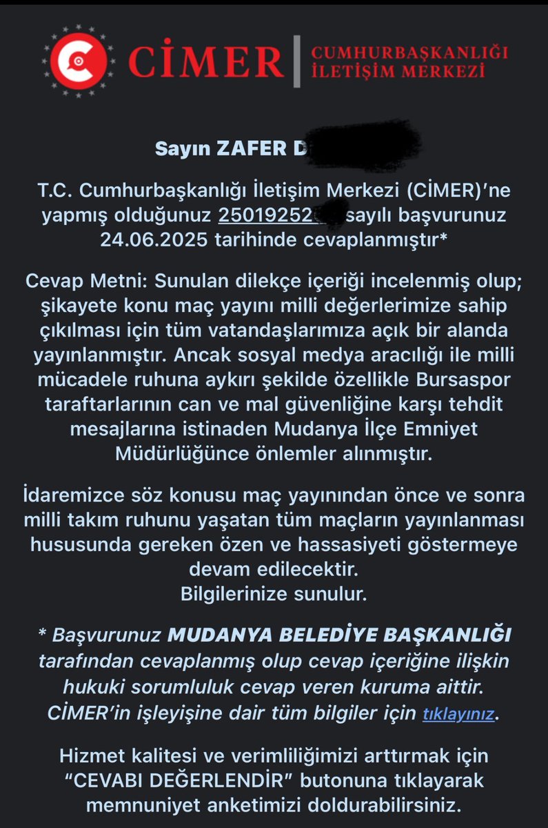 Timsah Haber | #Yanındayım 🐊 (@timsahaber16) on Twitter photo Mudanya Belediyesi'nin Bursa ile alakasız bir semtin takımının maçını halka açık yayımlaması hakkında, bir Bursaspor taraftarının (<a href="/SadeceZafer/">Zafer D. 1963 🐊 𐱅𐰇𐰼𐰰 🇹🇷</a>) CİMER'e bulunduğu şikayete cevap geldi.
Mudanya Belediyesi tarafından verilen cevap. ⬇ Mudanya Belediyesi'nin Bursa ile alakasız bir semtin takımının maçını halka açık yayımlaması hakkında, bir Bursaspor taraftarının (<a href="/SadeceZafer/">Zafer D. 1963 🐊 𐱅𐰇𐰼𐰰 🇹🇷</a>) CİMER'e bulunduğu şikayete cevap geldi.
Mudanya Belediyesi tarafından verilen cevap. ⬇
