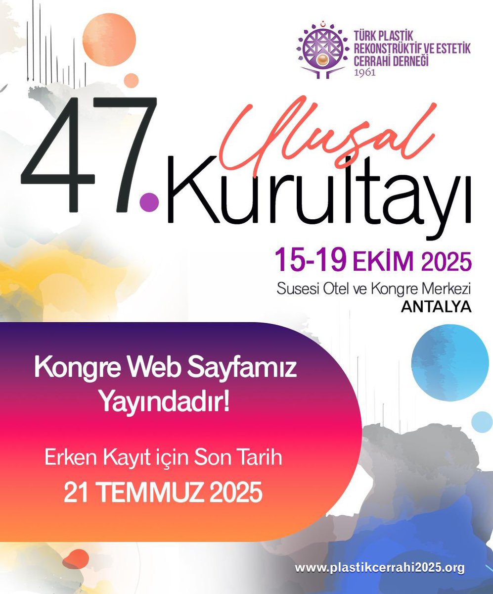 TPRECD's tweet photo. Türk Plastik Rekonstrüktif ve Estetik Cerrahi Derneği 47. Ulusal Kurultayı
🗓️15-19 Ekim 2025
📍Susesi Otel ve Kongre Merkezi / Antalya
⏰Erken Kayıt İçin Son Tarih: 21 Temmuz 2025
Detaylı Bilgi ve Kayıt İçin 👉🏻 https://t.co/AojdJWnkIU
#TPRECD https://t.co/cWrF0b5Xdm