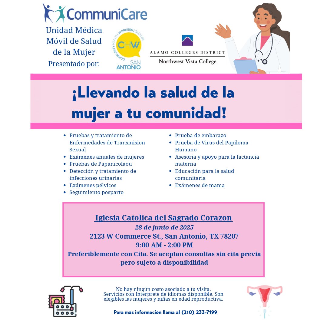 HealthConfianza's tweet photo. Join us on June 28 from 9 AM – 2 PM for free women’s health services including STI testing, pap smears, pregnancy testing, and more.
Appointments preferred, walk-ins welcome as time allows
📍 2123 W Commerce St, 78207
📞 For more info, call (210) 233-7199
 #FreeHealthServices https://t.co/DTOavuSrk1