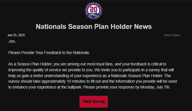 IsThisThingJon's tweet photo. Not the @Nationals asking for SPH feedback right after they dropped 14 of their last 17 games, including the 11-game losing streak. Enjoy the replies, Mark Lerner 🤣 #Natitude #FireDavey #SellTheTeam https://t.co/1oa6n8SBQ4
