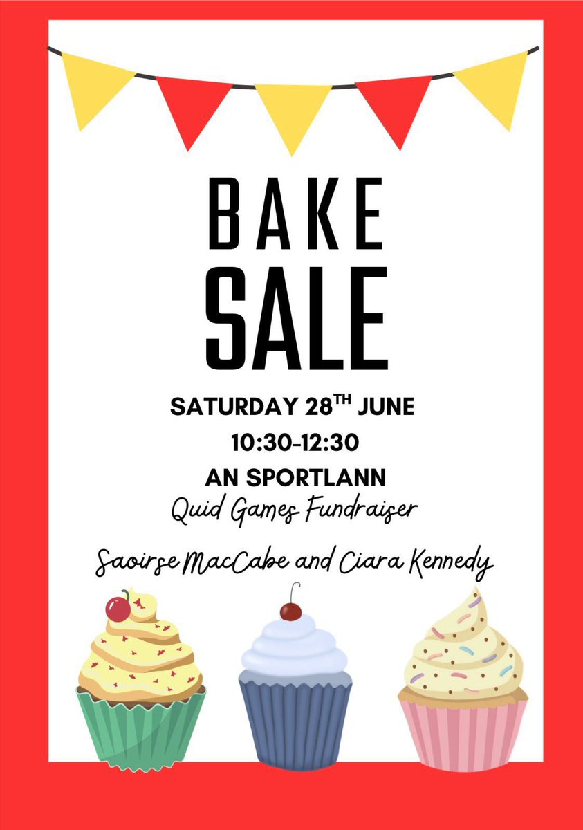 🍪 Bake Sale this Saturday!
📍 An Spórtlann
🕥 10:30 AM – 12:30 PM

Grab some sweet treats &amp; support the Quid Games fundraiser!
Every bite helps ❤️💛 
#BakeSale #QuidGames #Fundraiser #AnSportlann