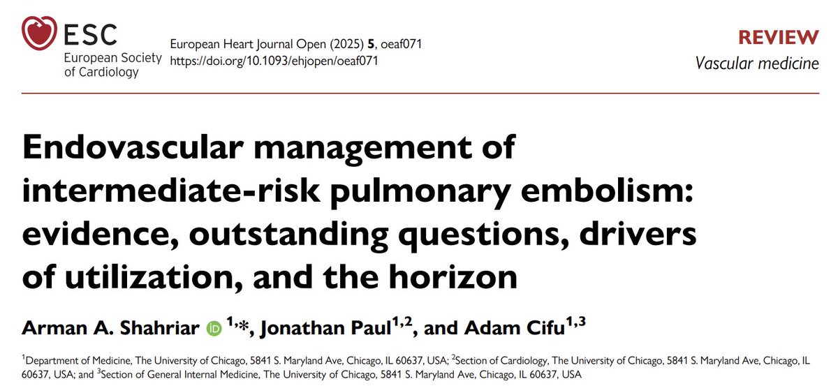Arman Shahriar, MD (@armanashahriar) on Twitter photo Just out in <a href="/ESC_Journals/">European Society of Cardiology Journals</a> we (<a href="/adamcifu/">Adam Cifu</a> + <a href="/Jonathan_PaulMD/">Jonathan Paul</a>) review endovascular therapy in intermediate-risk PE.
Link: doi.org/10.1093/ehjope… Just out in <a href="/ESC_Journals/">European Society of Cardiology Journals</a> we (<a href="/adamcifu/">Adam Cifu</a> + <a href="/Jonathan_PaulMD/">Jonathan Paul</a>) review endovascular therapy in intermediate-risk PE.
Link: doi.org/10.1093/ehjope…