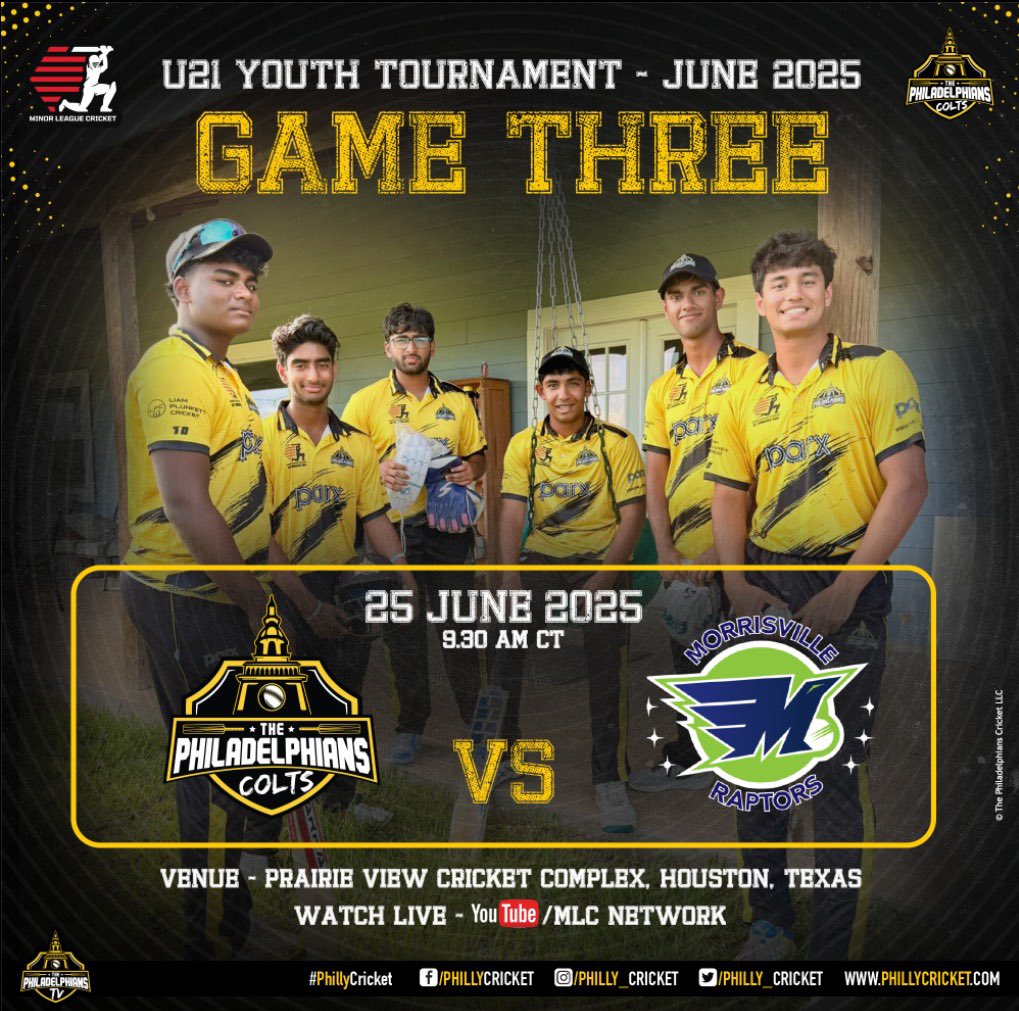The Philadelphians Cricket (@philly_cricket) on Twitter photo It's time for game 3 as the colts take on the Morrisville Raptors! ππ
πΊ - youtube.com/live/sOI53jaBVβ¦
#PhillyCricket #Colts #Philadelphia #Youth #USA #Cricket <a href="/MiLCricket/">Minor League Cricket</a> It's time for game 3 as the colts take on the Morrisville Raptors! ππ
πΊ - youtube.com/live/sOI53jaBVβ¦
#PhillyCricket #Colts #Philadelphia #Youth #USA #Cricket <a href="/MiLCricket/">Minor League Cricket</a>