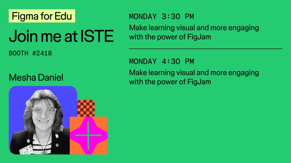 So excited to part of THE AWESOME Figma team at #ISTELive25  this year!  Stop by booth 2418 and find out how Figma can enhance your teaching!  <a href="/FigmaEdu_Alex/">Alex @ Figma Edu</a> <a href="/dramatickat/">Kat Crawford</a> <a href="/lemmccann/">Lauren McCann Ryan</a>