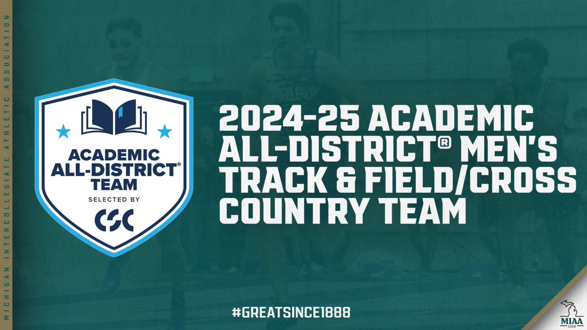 #D3MIAA Sports (@miaa1888) on Twitter photo Twenty-Four #D3MIAA Men's Cross Country/Track & Field Student-Athletes Honored by CSC with Academic All-District® Recognition 👟
READ -- bit.ly/442mAzi
#GreatSince1888 <a href="/AdrianBulldogs/">Adrian College Athletics</a> <a href="/gobrits/">Albion Athletics</a> <a href="/AlmaScots/">Alma College Scots</a> <a href="/CalvinKnights/">Calvin Knights</a> <a href="/HopeAthletics/">Hope College Athletics</a> <a href="/OlivetAthletics/">The University of Olivet Athletics</a> <a href="/TrineAthletics/">Trine Thunder</a> Twenty-Four #D3MIAA Men's Cross Country/Track & Field Student-Athletes Honored by CSC with Academic All-District® Recognition 👟
READ -- bit.ly/442mAzi
#GreatSince1888 <a href="/AdrianBulldogs/">Adrian College Athletics</a> <a href="/gobrits/">Albion Athletics</a> <a href="/AlmaScots/">Alma College Scots</a> <a href="/CalvinKnights/">Calvin Knights</a> <a href="/HopeAthletics/">Hope College Athletics</a> <a href="/OlivetAthletics/">The University of Olivet Athletics</a> <a href="/TrineAthletics/">Trine Thunder</a>