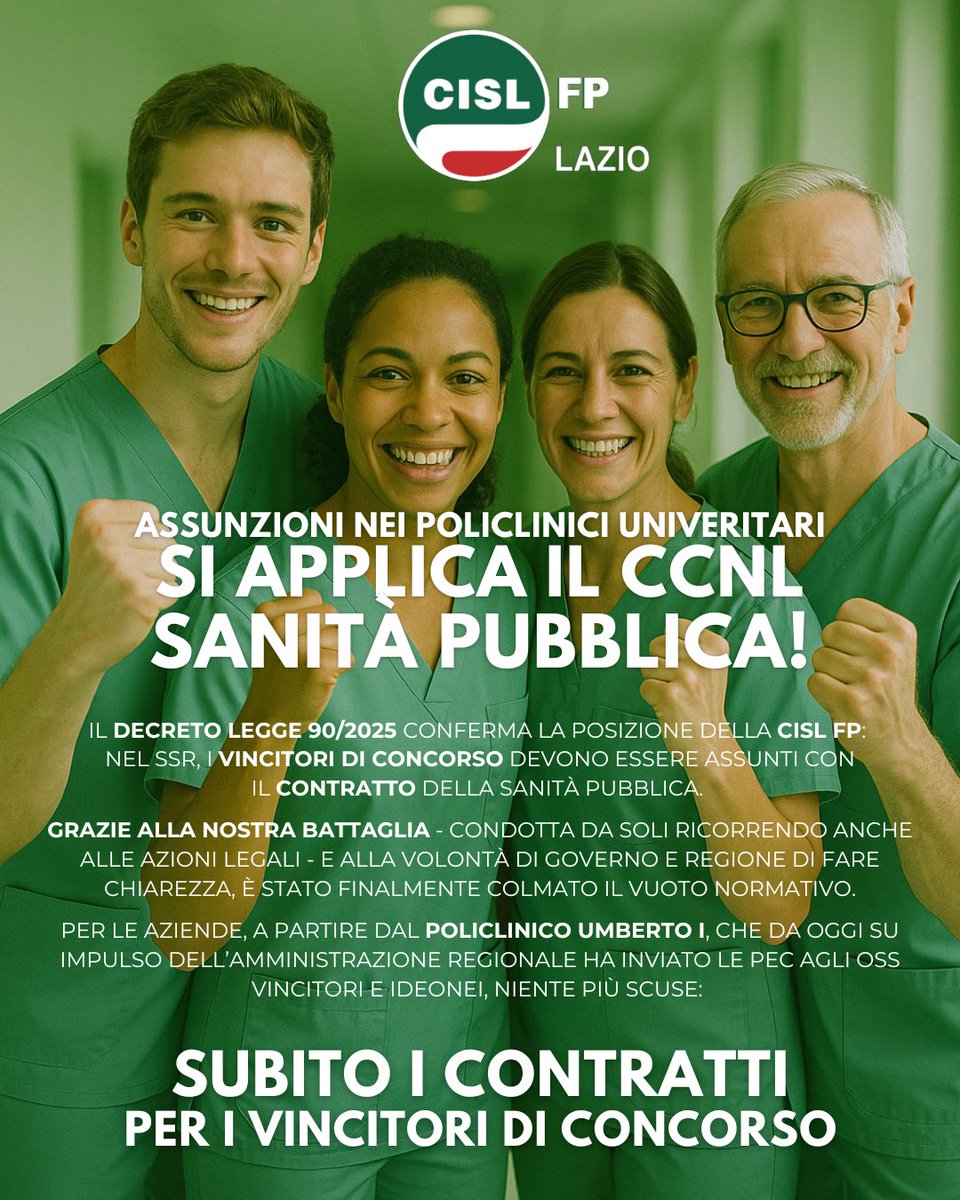 cisl_fplazio's tweet photo. #Sanità #Lazio, il decreto legge 90/2025 conferma la posizione #Cisl: nei policlinici universitari si applica il ccnl #Sanità pubblica

@cosentinogianca: “Il governo ha colmato il vuoto normativo. Bene che @RegioneLazio abbia dato immediato seguito alle #assunzioni all’Umberto I” https://t.co/qWdB9zNNX3
