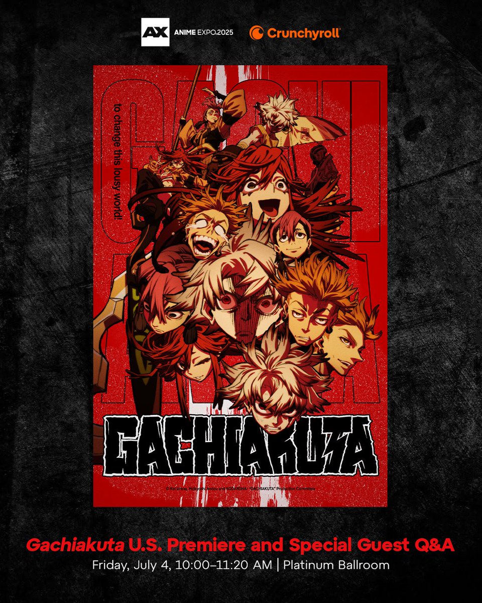 Dive into the action-packed, trashpunk battlefield of Gachiakuta in an exciting Q&amp;A with special guests Kei Urana (manga story &amp; illustration), Hideyoshi Andou (graffiti design), and Naoki Amano (Bones Film producer) plus the US premiere of the first two episodes! 🔥 #AX2025