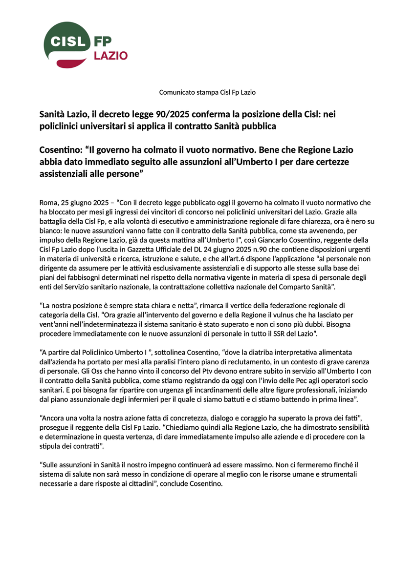 cisl_fplazio's tweet photo. #Sanità #Lazio, il decreto legge 90/2025 conferma la posizione #Cisl: nei policlinici universitari si applica il ccnl #Sanità pubblica

@cosentinogianca: “Il governo ha colmato il vuoto normativo. Bene che @RegioneLazio abbia dato immediato seguito alle #assunzioni all’Umberto I” https://t.co/qWdB9zNNX3