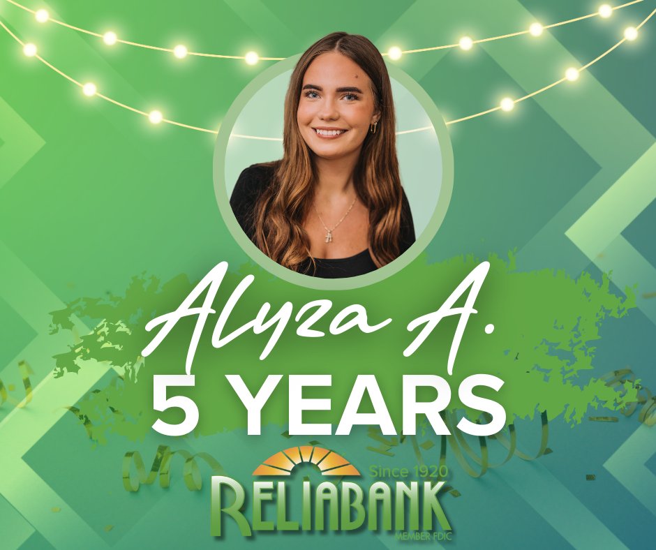 Happy 5th anniversary, Alyza! Your enthusiasm and dedication have made a big difference. We’re grateful to have you on the Reliabank team.
Reliabank | Member FDIC