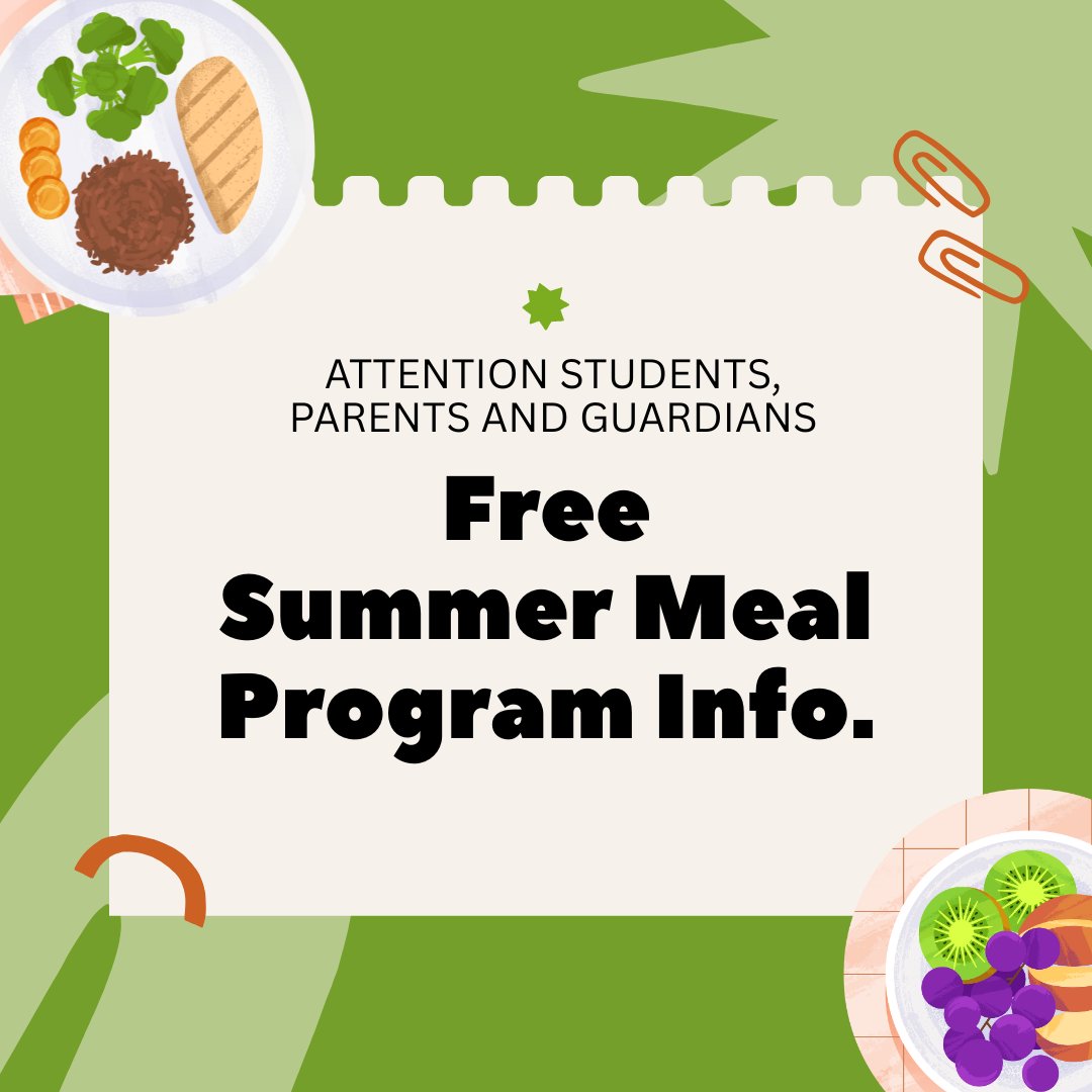 The United States Department of Agriculture’s (USDA) Summer Food Service Program provides free meals when school is out! For eligibility and location information, call 866-348-6479 or visit fns.usda.gov/summer/sunmeals 
Additional info can be found here: 5il.co/3kbai