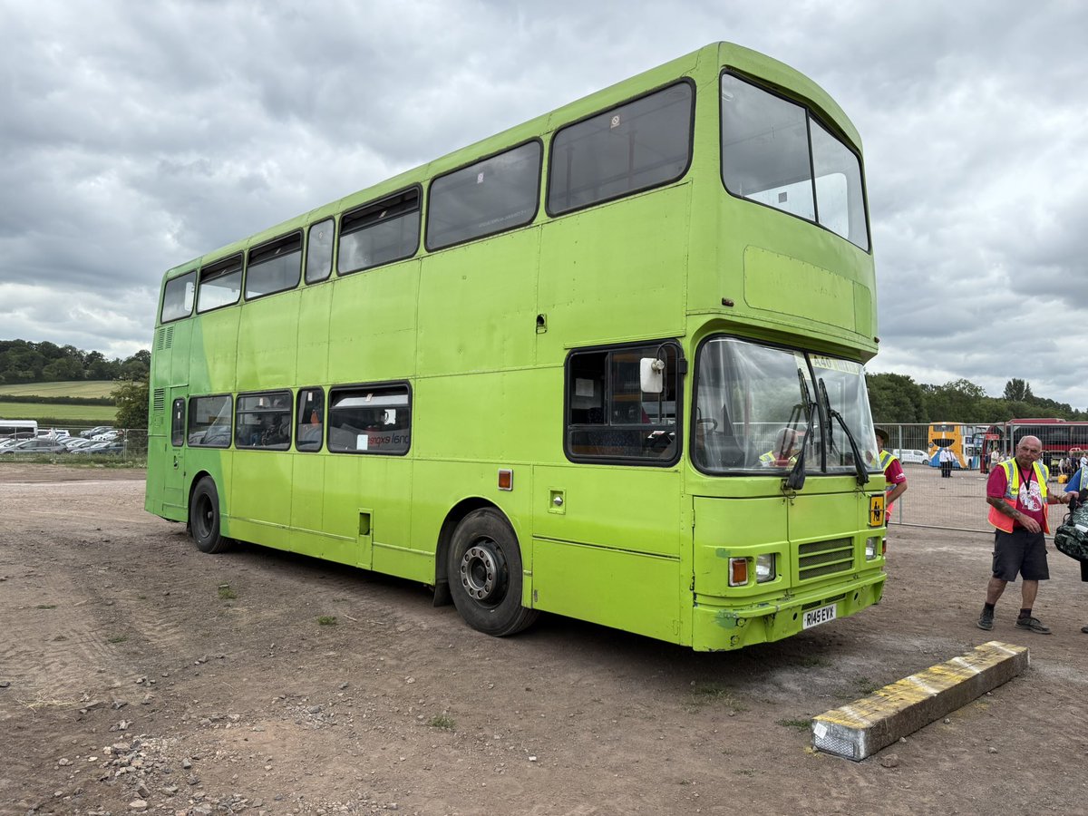 Day one of Glastonbury shuttles, Castle Cary station to the festival.  My bus for today, R145EVX, new to Stagecoach in London.  It’s a very nice drive, and takes the hills and full loads in its stride.  It’s seen here unloading at the festival bus station, which has over 30 bays!